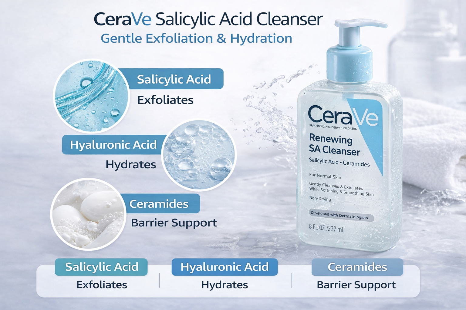 CeraVe Renewing SA Cleanser – Salicylic Acid with Hyaluronic Acid