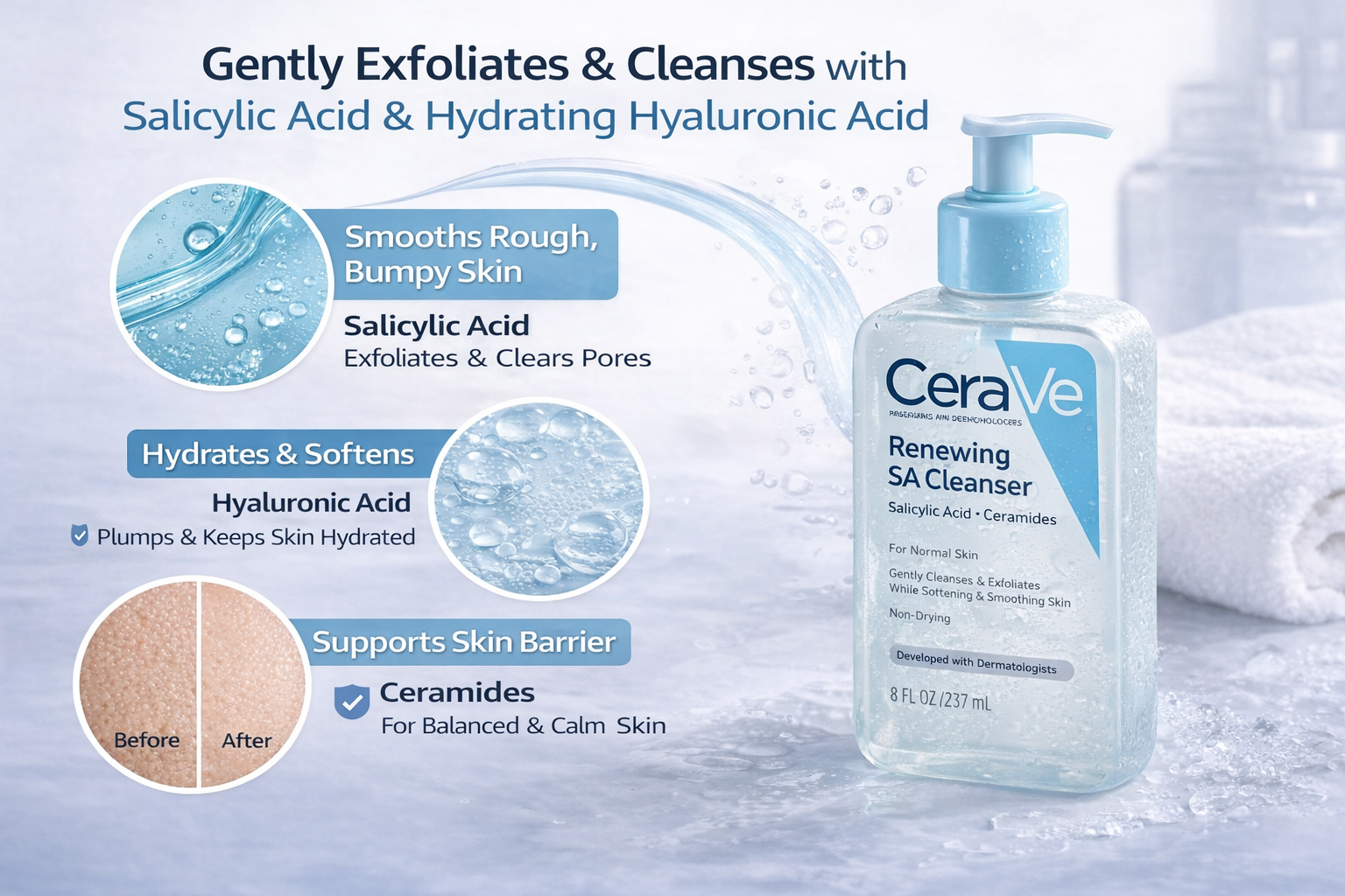 CeraVe Renewing SA Cleanser – Salicylic Acid with Hyaluronic Acid