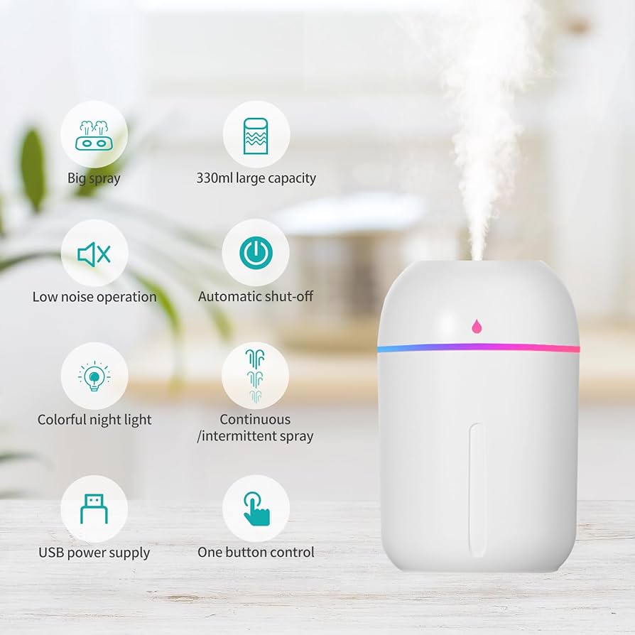 Portable USB Air Humidifier with Warm LED Outline – Mini Ultrasonic Mist for Home, Office & Car